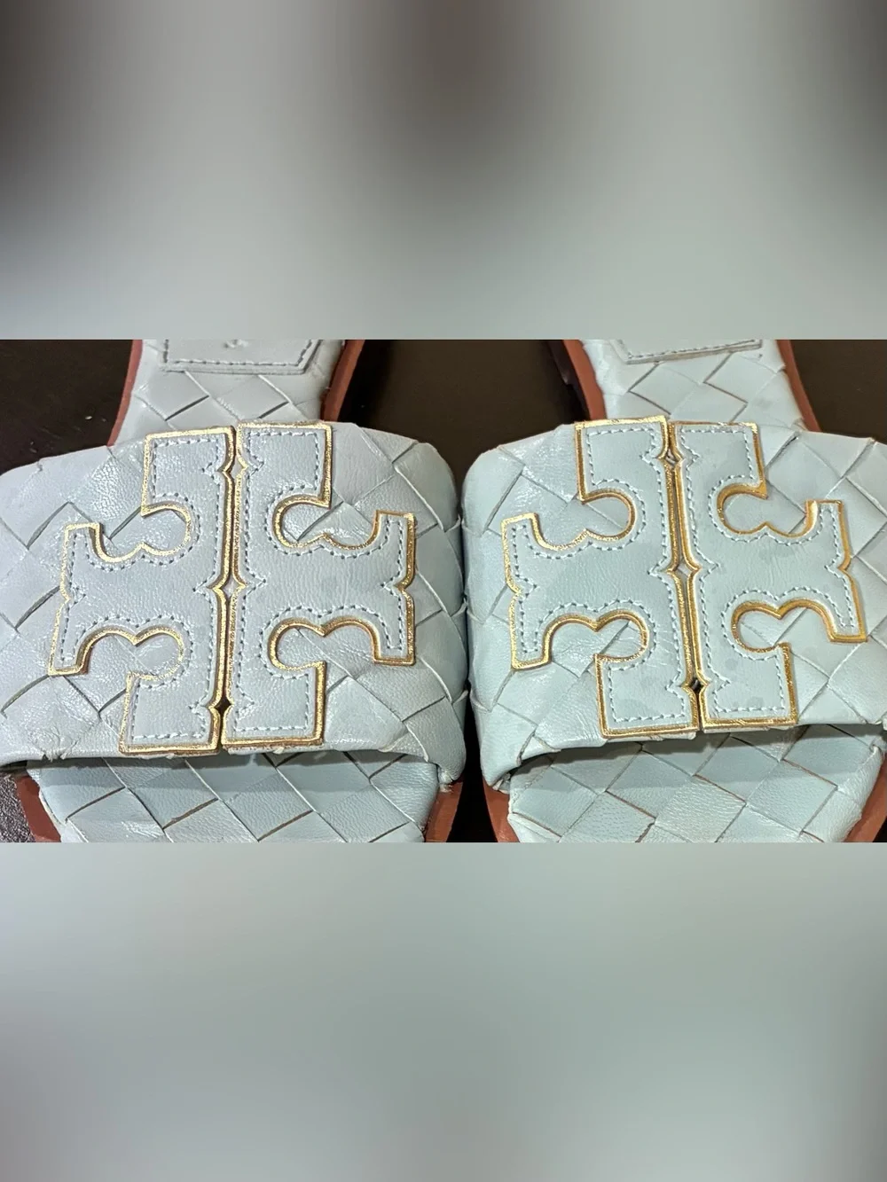 Tory Burch Sandals Slides double T Woven Leather Footbed Blue Gold Sz 6 NWOB